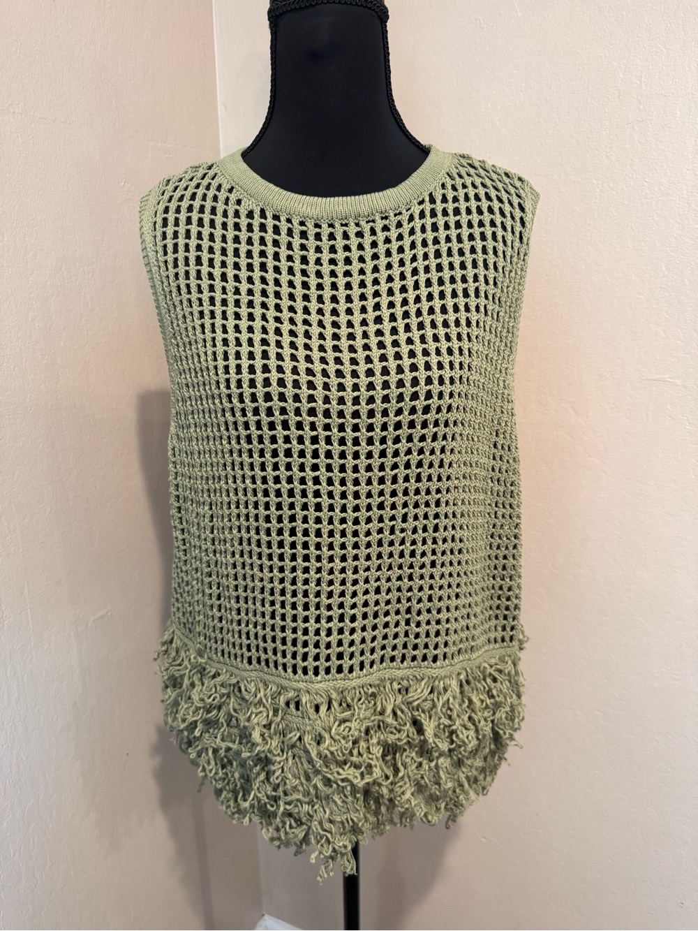 Olive Green Crochet Knit Sleevelees Top with Shag Fringe Hem Detail